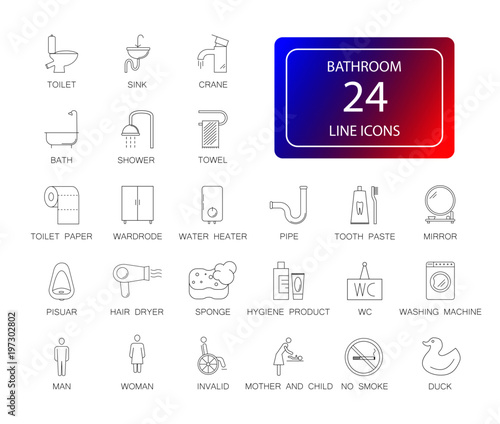 Line icons set. Bathroom pack. Vector illustration	