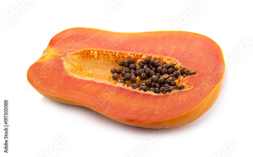 sliced ripe papaya with seed on with background.