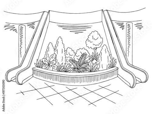 Mall lobby graphic black white interior sketch illustration vector
