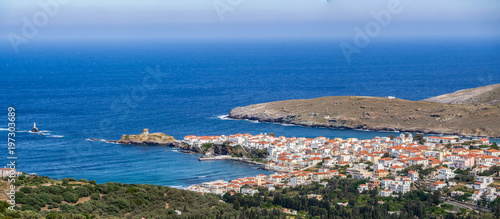 Panoramic view of the Chora of Andros ,Greece at daytime. © George