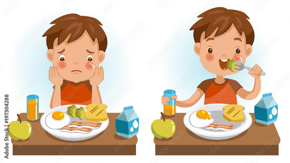 children eating. Emotions and gestures. Conversely, Unwillingness,  appetizing, Unhappy and happy. The concept of Health and growing children.  Cartoon illustrations vector. Isolated on white background Stock Vector |  Adobe Stock