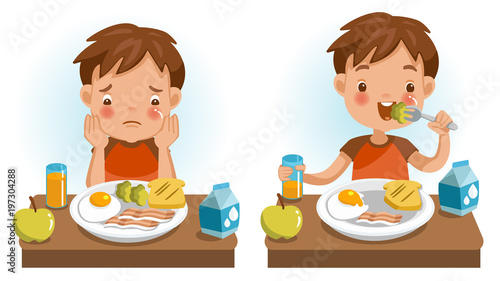 children eating. Emotions and gestures. Conversely, Unwillingness, appetizing, Unhappy and happy. The concept of Health and growing children. Cartoon illustrations vector. Isolated on white background