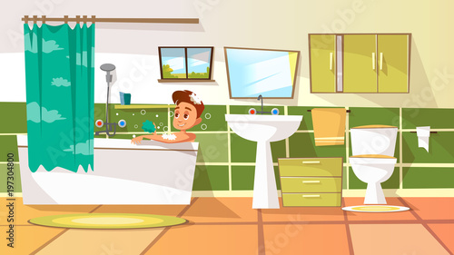 Vector cartoon young man having bath in bathtub. Illustration with male character relaxing in bubble shampoo soap washing, taking shower. Body care, hygiene, healthy lifestyle concept