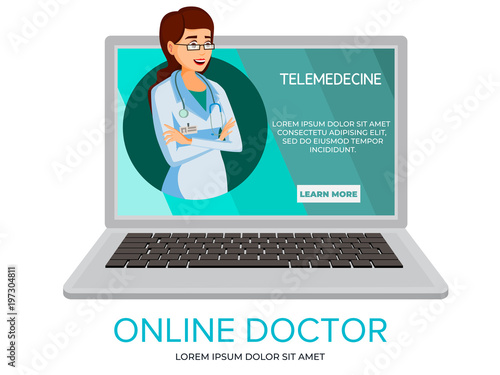 Vector cartoon online doctor. Illustration with woman doctor providing consultation from laptop screen. Telehealth medical communication technology concept, telemedicine service banner template
