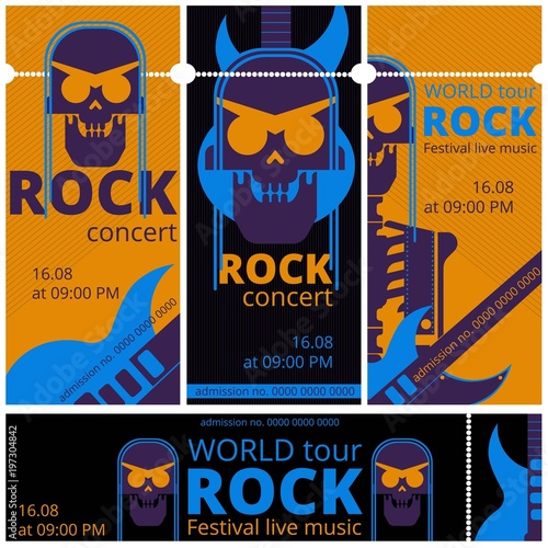 Rock music live festival tickets vector illustration templates. Entry admission ticket design for rock band concert world tour of rocker skeleton skull with electric guitar