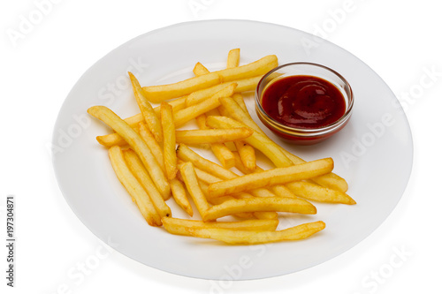 French fries with red sauce on a white plate