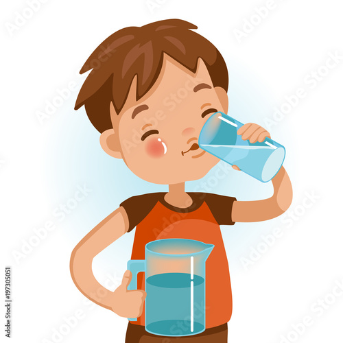 Drink Water Cute boy in red shirt holding glass of kid drinking water. Emotionally be smile. Healthy concepts and crowth in child cutrition. Vector Illustration Isolated