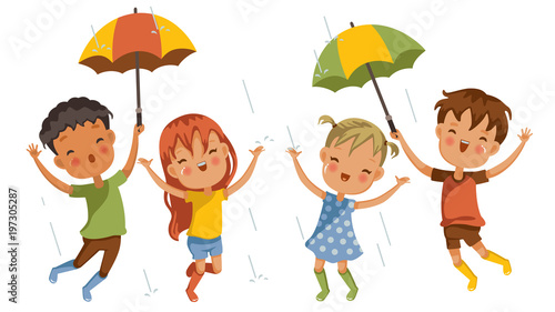 Play Rain Boys and girls In the middle of rain showers, pleasant emotions together, welcoming the first rain of the rainy season, concept of fun moments in childhood, strong learning and growing.