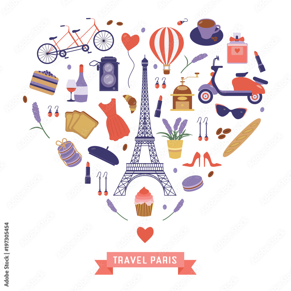 Love Paris card with Eiffel tower and romantic french travel elements