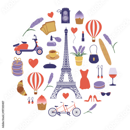 Paris icon set with Eiffel tower. France symbols collection in flat design. Parisian vacation card or print pattern in cartoon style. Romantic french travel elements. France tourism vintage postcard.