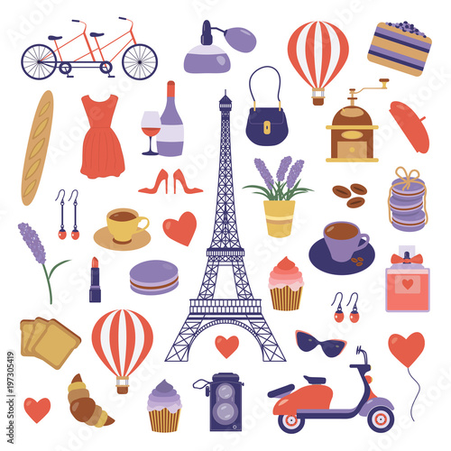Paris icon set. Eiffel tower, tandem bicycle, air balloon, french bakery, scooter and coffee. France symbols collection in flat design. Parisian vacation design elements and objects in cartoon style.