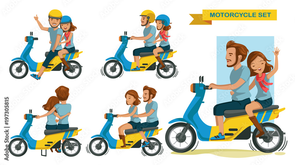 Riders couple trip travel relax. romantic Honeymoon Moments. man with woman riding motorcycle different gestures set. Cartoon character. vector illustration isolated on white background. Stock Vector | Adobe Stock Riders couple trip travel relax. romantic Honeymoon Moments. man with woman riding motorcycle different gestures set. Cartoon character. vector illustration isolated on white background. Stock Vector | Adobe Stock
