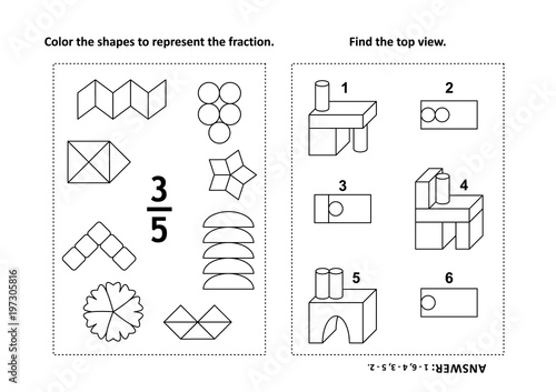 Two visual math puzzles and coloring pages. Color the shapes to represent the fraction. Find the top view. Black and white. Answers included.
