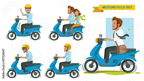 Riding motorcycle set. Man gestures are driving many motorcycles. Thumbs up. Couple riding a motorcycle. Driving in the rain. Drive safely, wear a helmet. Businessmen drive to work. vector isolated © ann131313.a
