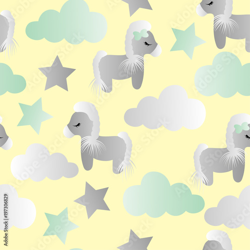 pattern with cartoon pony, clouds and stars
