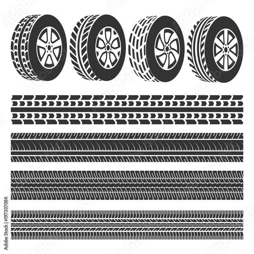 Tire shop, tire tracks set vector