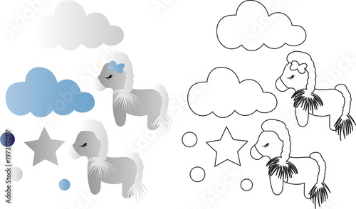 cartoon cute toy pony, clouds and stars