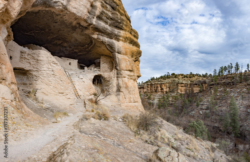 Caves and cliffs at Gila Cliff Dwellings National Monument, Silver City New Mexico in winter on a sunny day