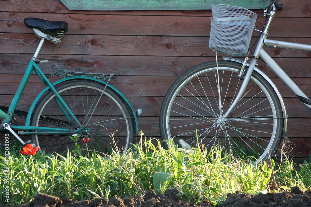 two bicycles in the garden at the house in the summer