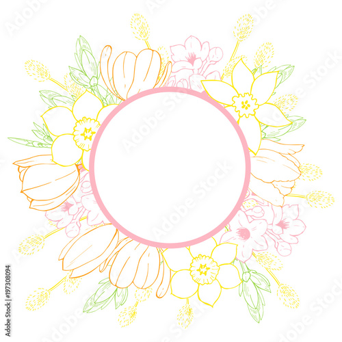 Vector floral frame with hand-drawn spring flowers.