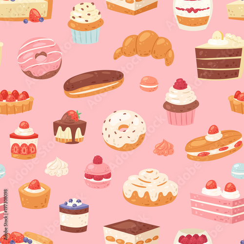 Cake vector chocolate confectionery cupcake and sweet confection dessert with caked candies illustration confected donut with chococream and sweets in bakery set seamless pattern background
