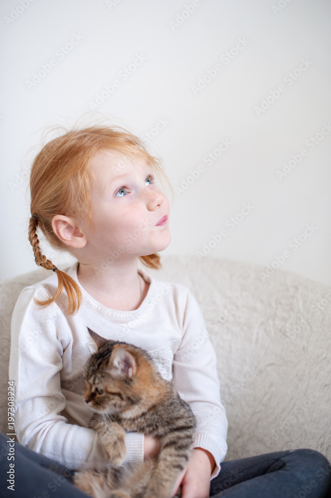 A girl with two pigtails and a cat in her arms A girl with two pigtails and a cat in her arms