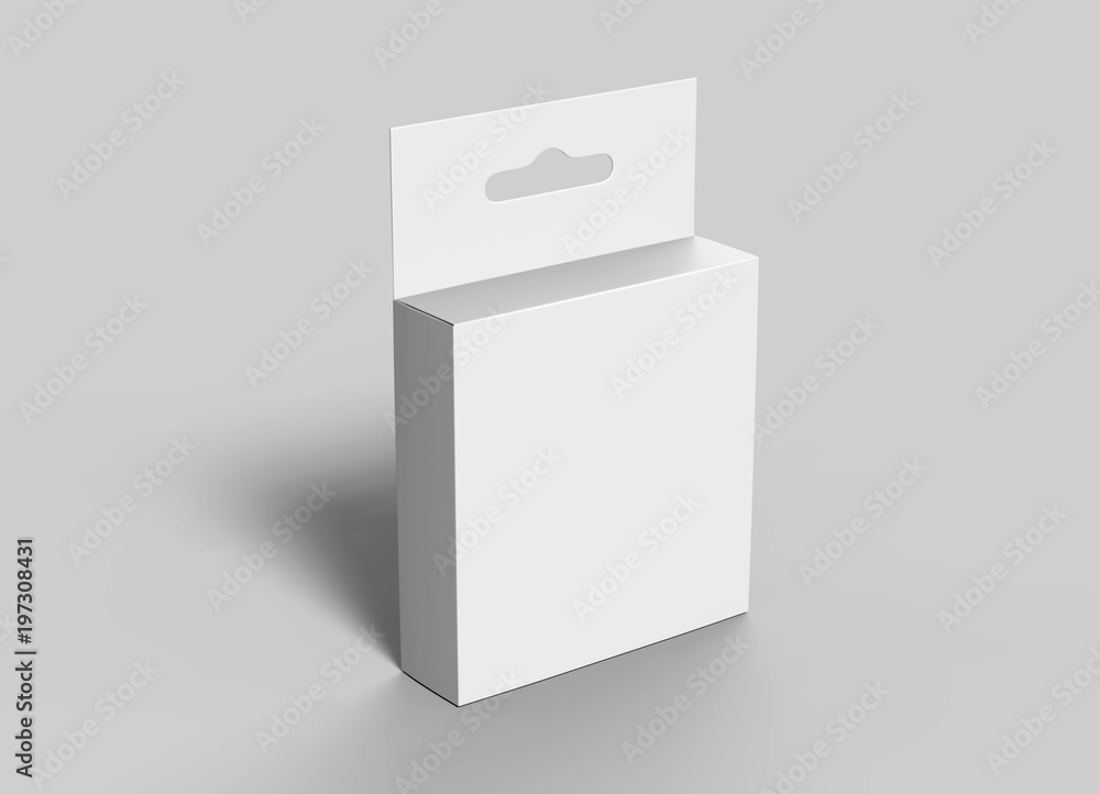 Hanging white blank cardboard packaging box with hang tab retail box for mock up design and design presentation. 3d render illustration. Hanging white blank cardboard packaging box with hang tab retail box for mock up design and design presentation. 3d render illustration.