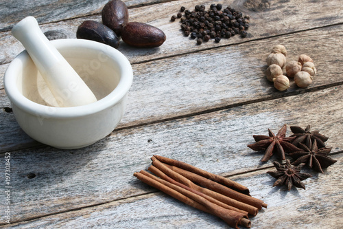 dry seasoning and herb for cooking kitchen on wood table