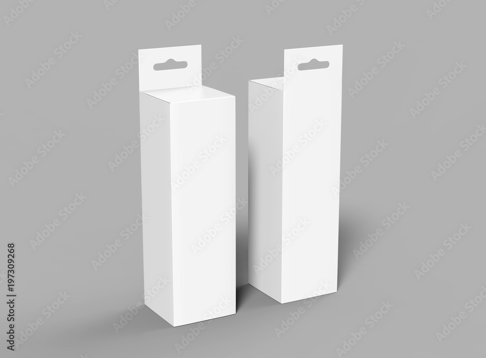 Hanging white blank cardboard packaging box with hang tab retail box for mock up design and design presentation. 3d render illustration. Hanging white blank cardboard packaging box with hang tab retail box for mock up design and design presentation. 3d render illustration.