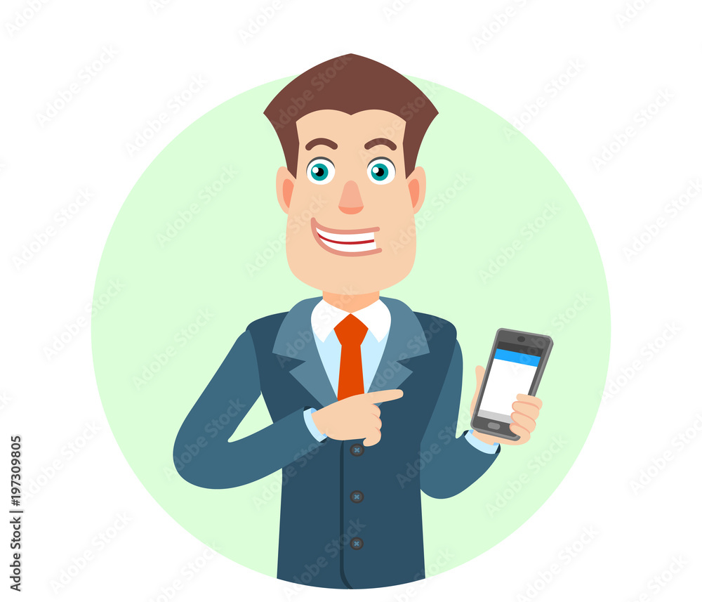 Businessman pointing at mobile phone in his hand