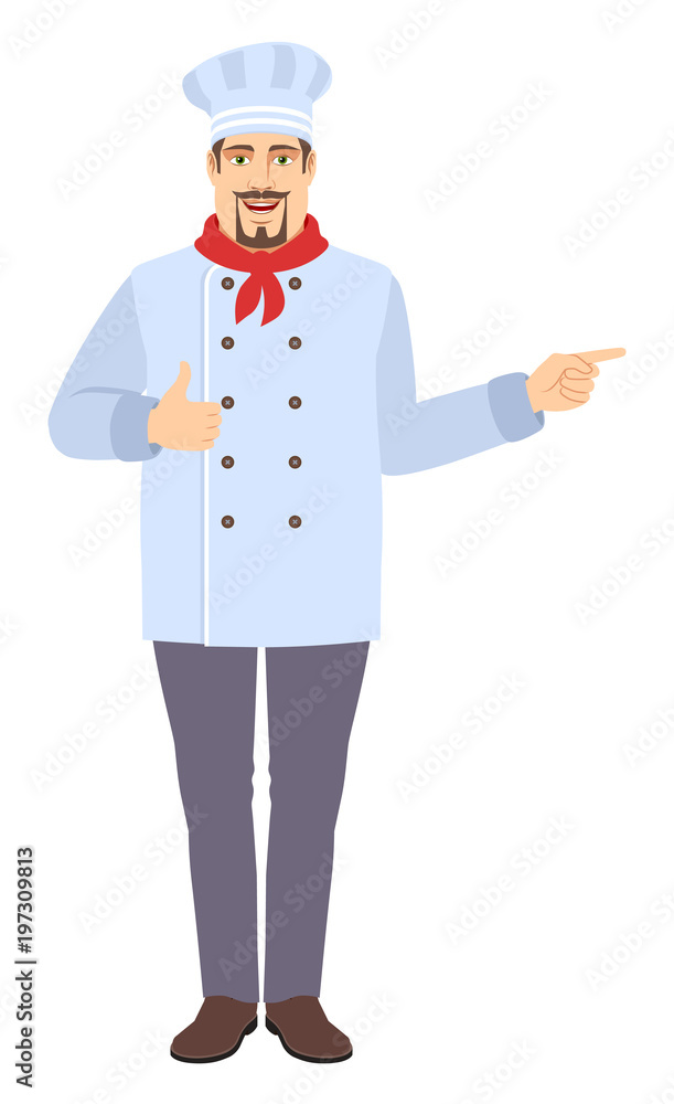Chef showing thumb up and pointing somewhere Chef showing thumb up and pointing somewhere