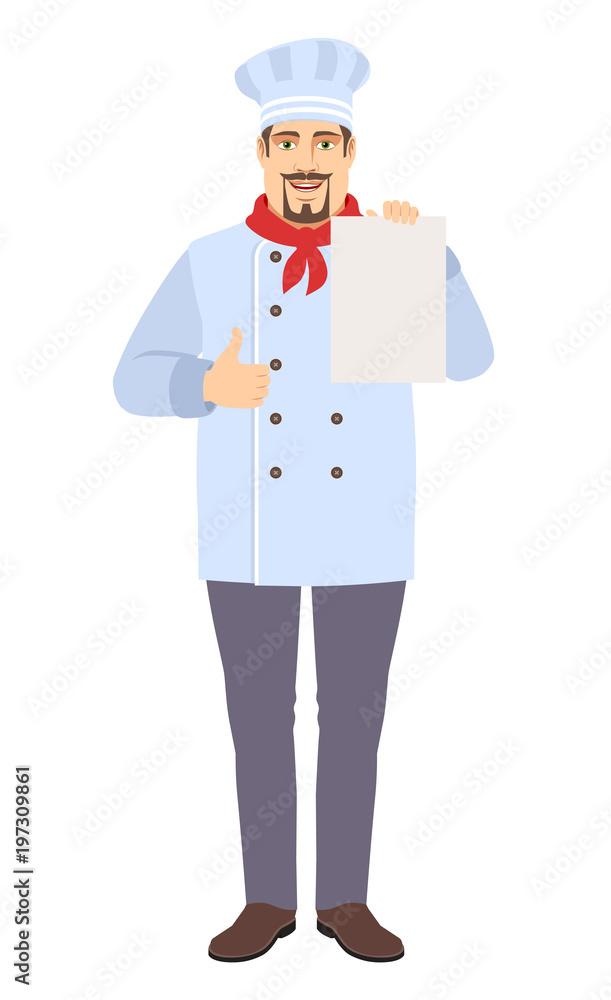 Chef showing thumb up and showing the blank paper Chef showing thumb up and showing the blank paper