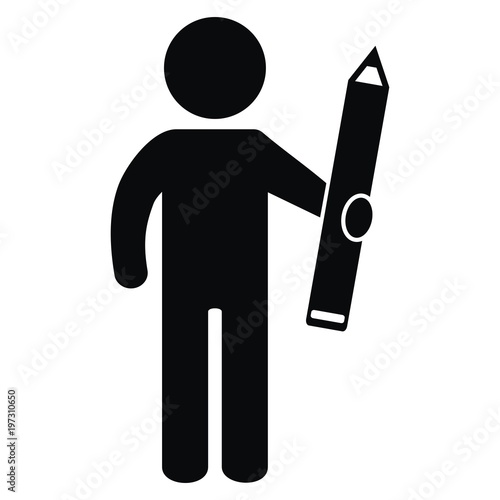 Black figure with pen, vector web icon, silhouette of man with crayon