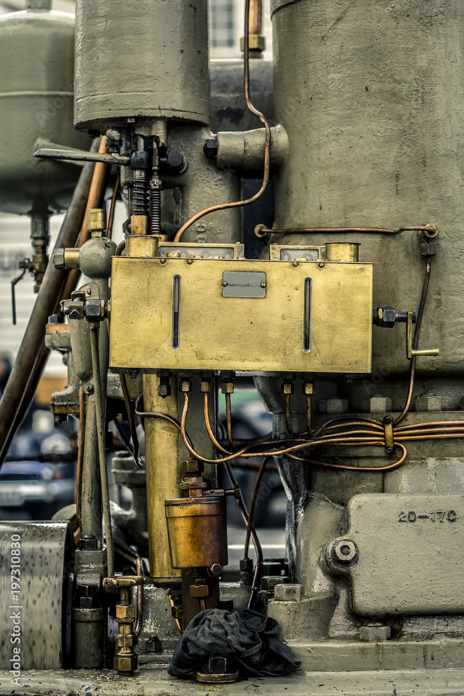 Close up of the train's steam engine. Vintage look.