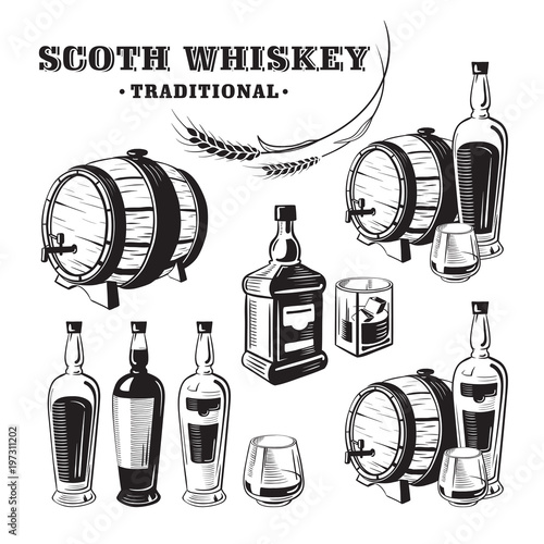 Sketch Whiskey Bottle and Glass and Barrel. Hand Drawn Drink Vector Illustration