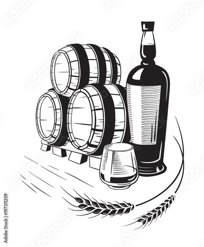 Sketch Whiskey Bottle and Glass and Barrel. Hand Drawn Drink Vector Illustration