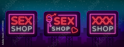 Sex shop set of logos in neon style. Collection of emblems. Neon effect, grocery store, intimate items. Vector illustration. Bright night banner, luminous sign, night sex advertising shop