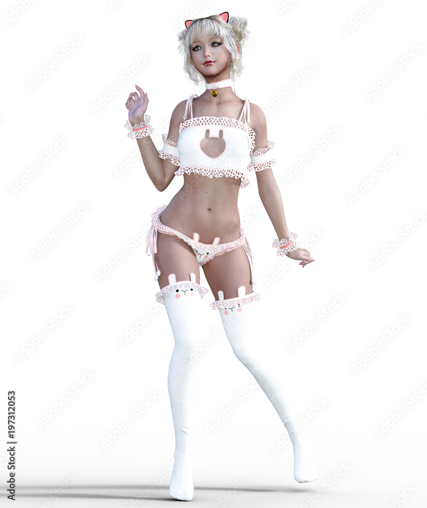 3D beautiful attractive japanese girl in white bustier and stockings. Cat girl. Woman studio photography. High heel. Conceptual fashion art. Seductive candid pose. Realistic render illustration.
3D beautiful attractive japanese girl in white bustier and stockings. Cat girl. Woman studio photography. High heel. Conceptual fashion art. Seductive candid pose. Realistic render illustration.