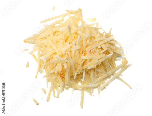 Photos grated cheese isolated on white background. top view