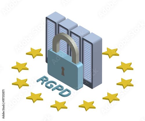 RGPD, Spanish and Italian version version of GDPR: Regolamento generale sulla protezione dei dati. Concept isometric illustration. General Data Protection Regulation. Vector logo, isolated on white.