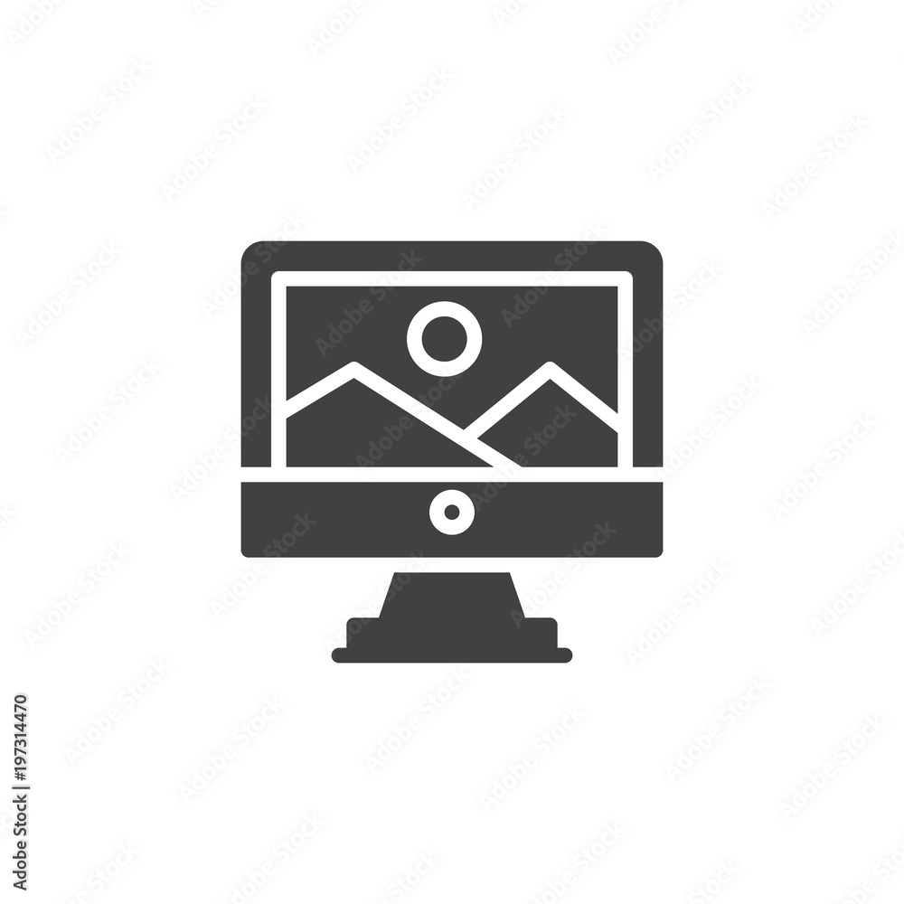 Mountain landscape on computer monitor screen vector icon. filled flat sign for mobile concept and web design. Computer art simple solid icon. Symbol, logo illustration Mountain landscape on computer monitor screen vector icon. filled flat sign for mobile concept and web design. Computer art simple solid icon. Symbol, logo illustration