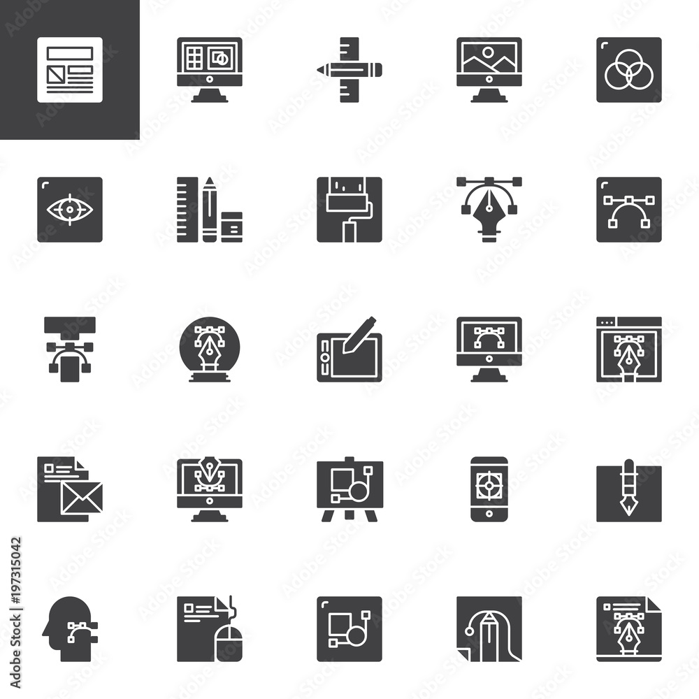 Design and Creative vector icons set, modern solid symbol collection, filled style pictogram pack. Signs logo illustration. Set includes icons as Layout, Designing, Graphic tablet, Computer art, Paint