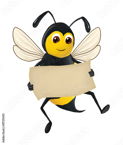 The funny bee keeps a clean sheet of paper in his hand, isolated on the white background. Raster illustration.