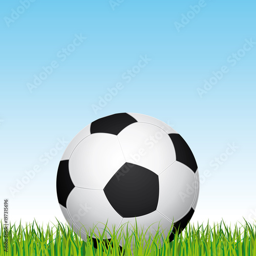 Soccer ball. Football stadium grass and blue sky background. Vector illustration. 