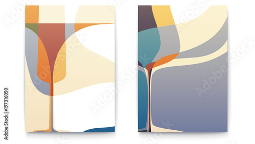Retro design templates for restaurant menu card with silhouette wine glass. Abstract backgrounds for Cafe menu. Set of cards for corporate identity, flyer or cover, 3D illustration.