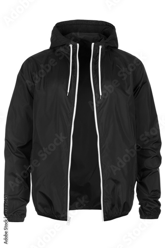 Warm black windbreaker jacket with hood photo