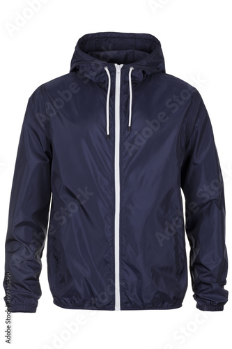 Warm navy blue windbreaker jacket with hood photo