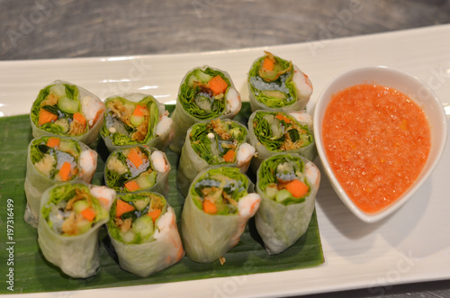 Plate of spring rolls with sauce