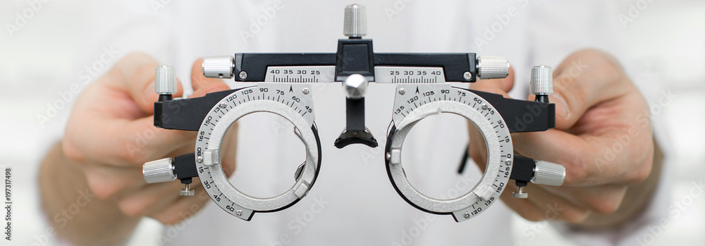 test vision equipment, optometrist trial frame close-up - obrazy, fototapety, plakaty 
