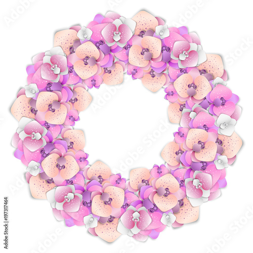Wreath of flowers. Paper cutting orchid flowers. Design elements for invitation, greeting card, flyer, poster.